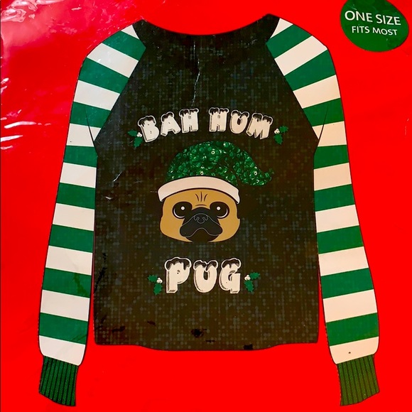 Pug Christmas sweater w sequin hat on his head - Picture 1 of 1